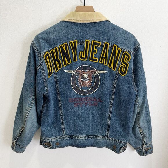 Vtg DKYN Denim Bomber Jacket Womens Small Blue Bald Eagle USA Flag Festival Y2K - Picture 1 of 13